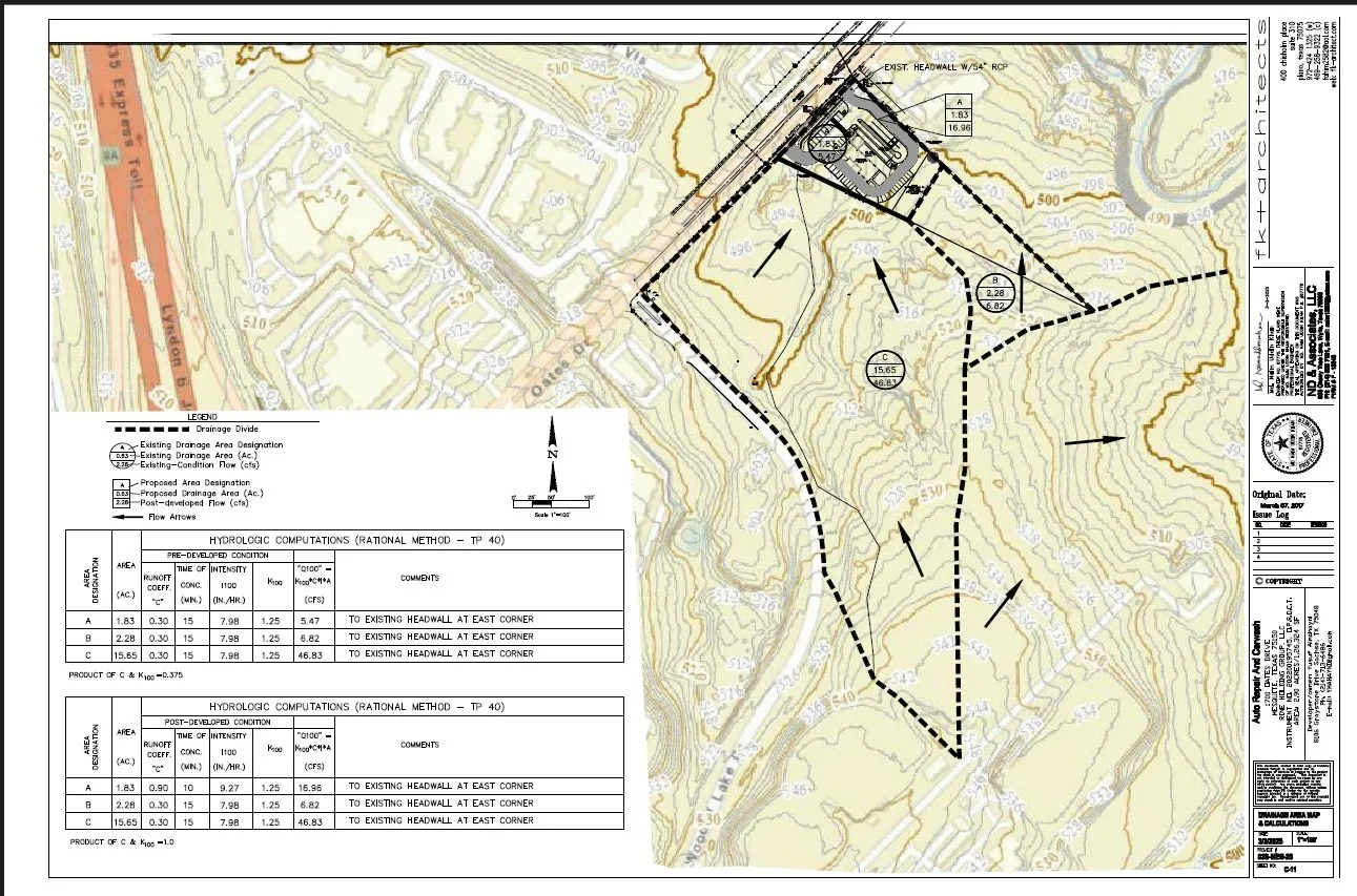 Site Plan and Hydrologic Computations. Illustrating property boundaries, drainage patterns, and runoff calculations
