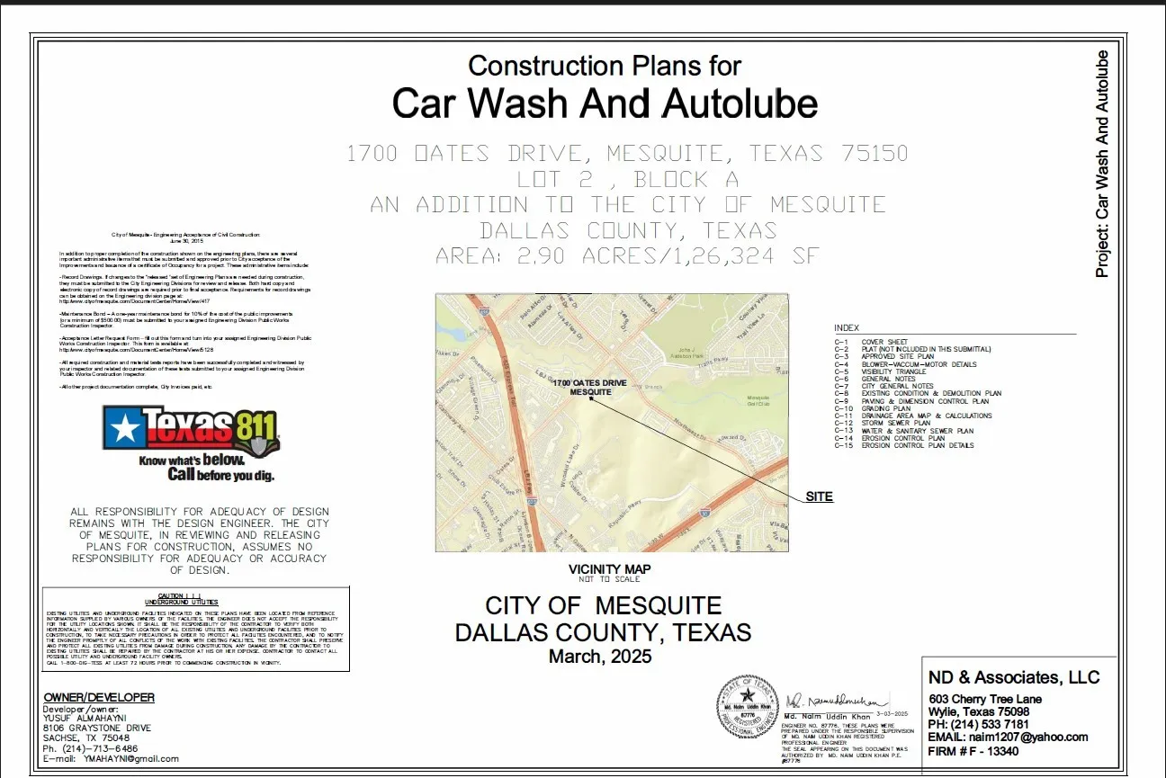 Construction Plans. Outlining the proposed Car Wash and Autolube development, including location, area, and project index