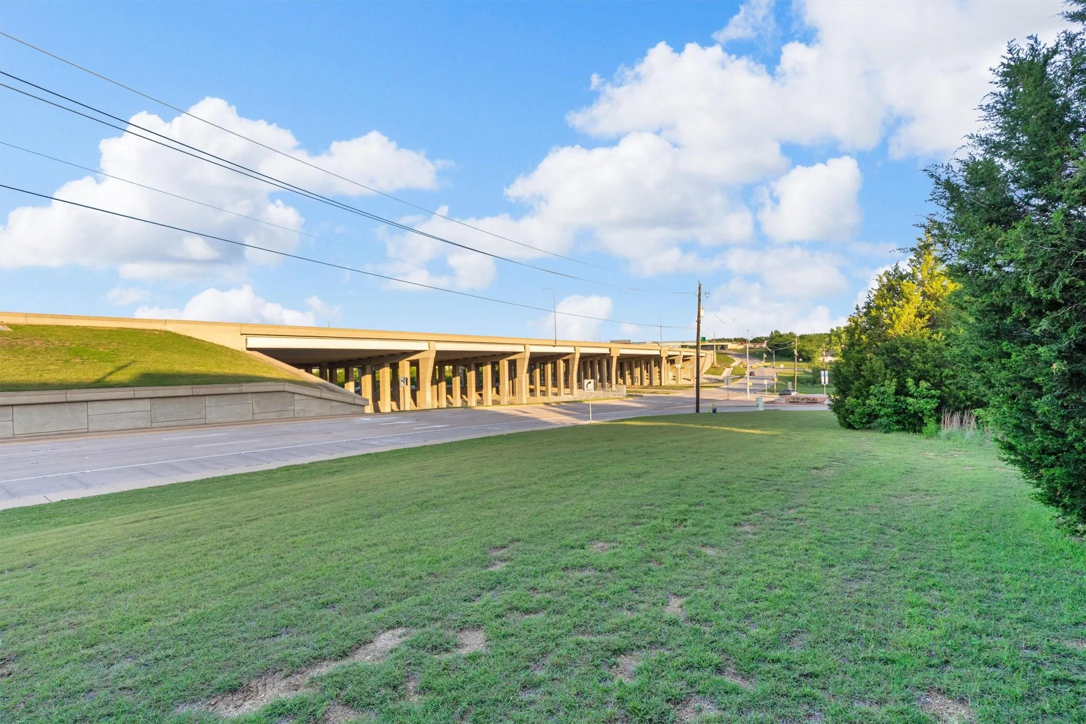 Expansive green space featuring mature trees and established ground cover