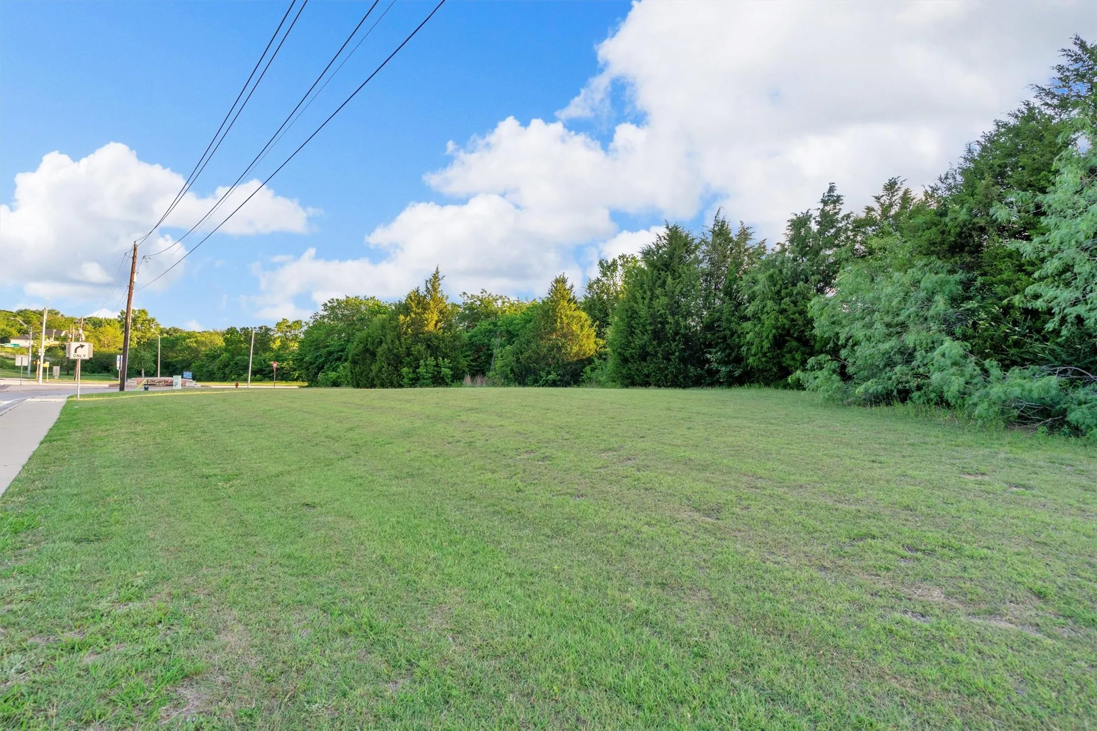 Expansive cleared lot featuring green grass, mature trees along the perimeter, and a sidewalk along one edge