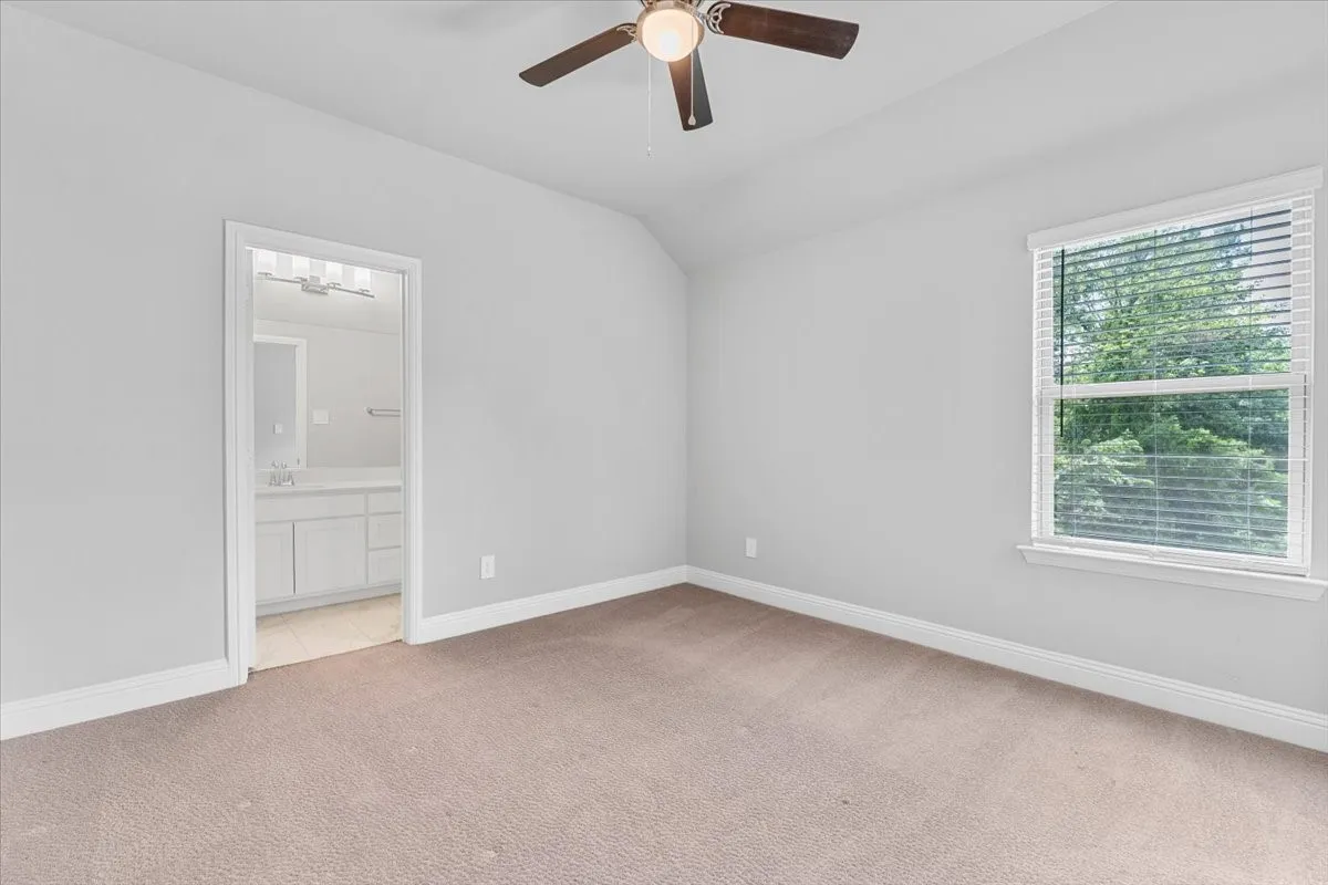 Spacious room featuring neutral carpeting, light gray walls, a window with horizontal blinds, and a ceiling fan with light fixture