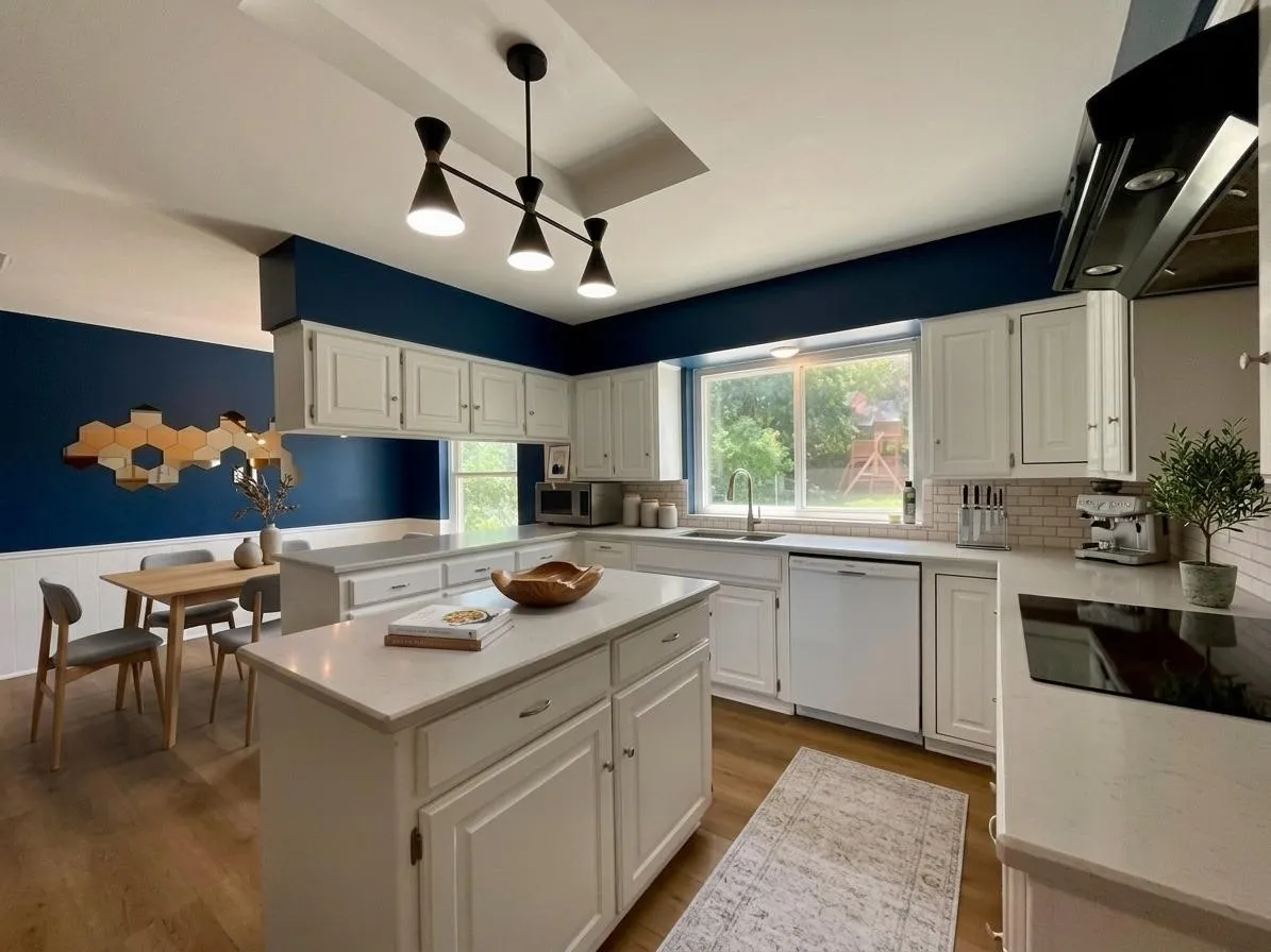 Kitchen with white cabinetry, light countertops, wood-finish flooring, and a subway tile backsplash