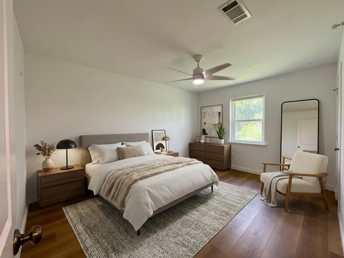 Spacious room featuring wood-finish flooring, a contemporary ceiling fan with integrated lighting, and a double-pane window