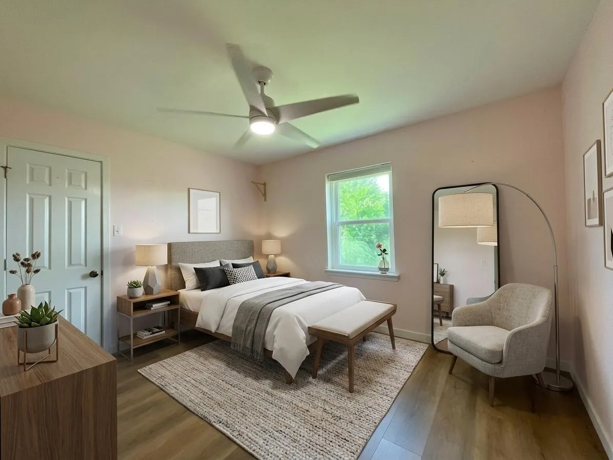 Bedroom featuring wood-finish flooring, a contemporary ceiling fan, and a light-colored interior door
