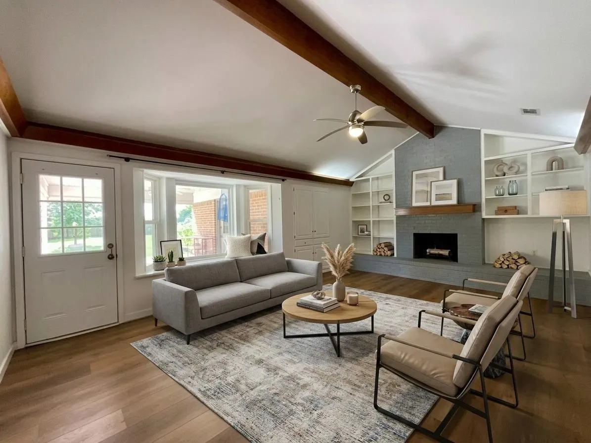 Vaulted ceiling with exposed wood beams