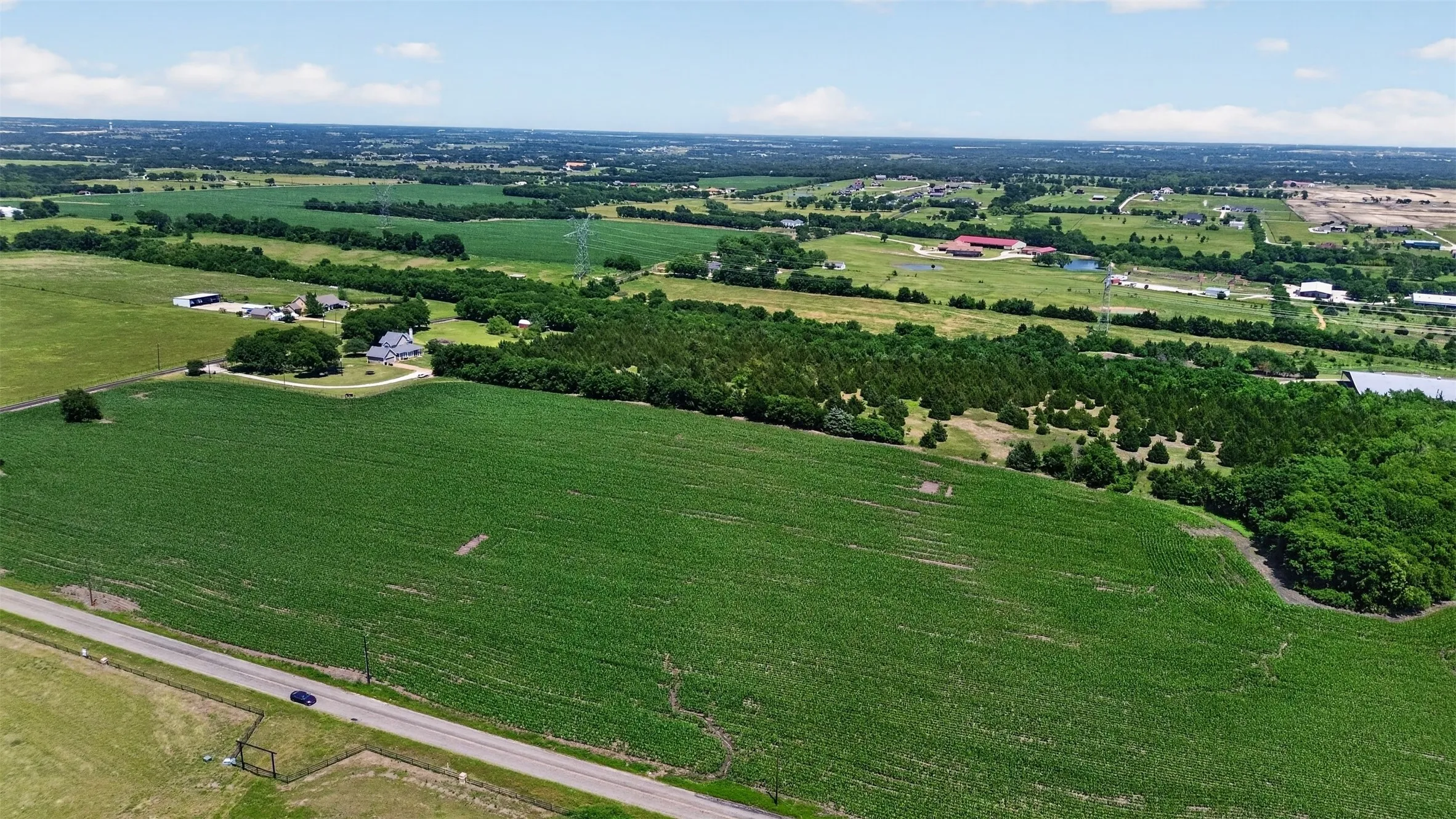 Expansive agricultural land featuring a verdant crop field, scattered mature trees, and a visible roadway