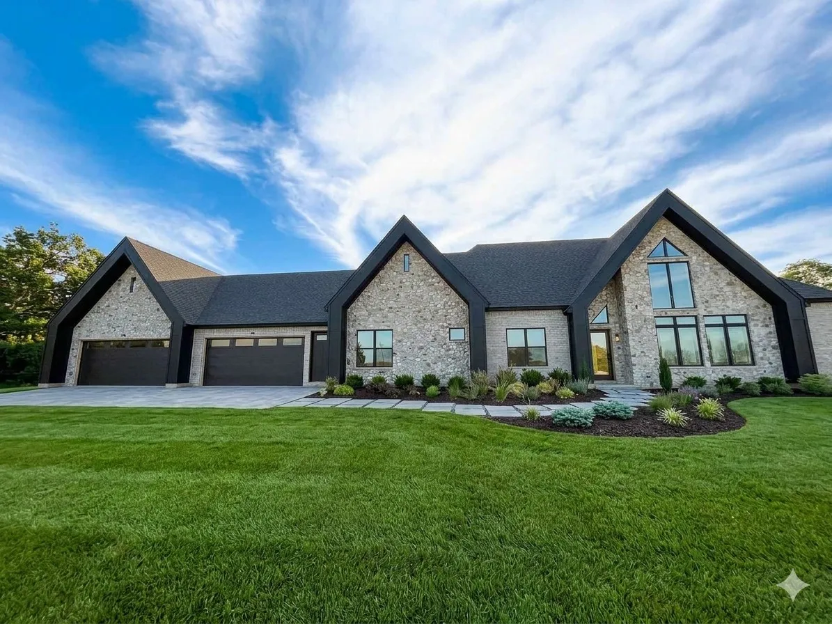 Contemporary stone-clad residence featuring prominent gables and a dark shingle roof