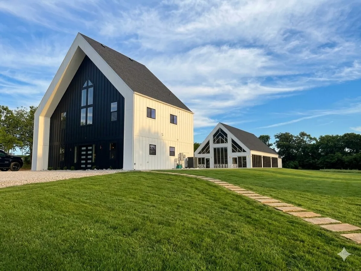 Modern architectural Wedding Venue featuring a prominent gabled roofline and contrasting black and white siding