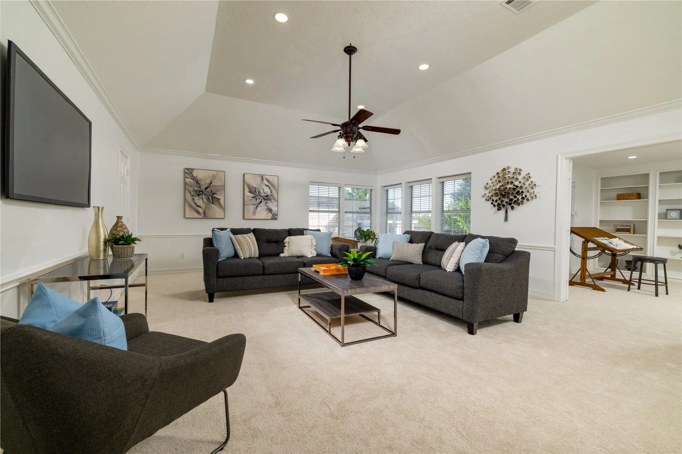 Step into a tremendous gameroom that is large enough for all your entertaining needs. Pool table, card table, foosball, pinball, it can all fit.