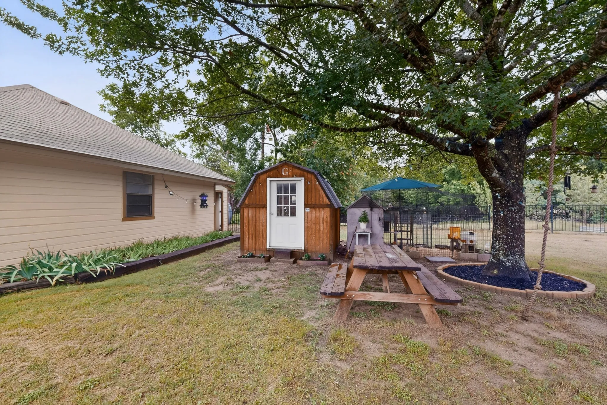 Spacious backyard featuring a large tree with rope swing, a garden shed, and a picnic table