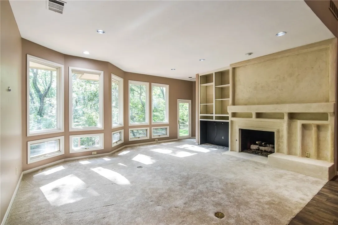 Family room with wall of windows
