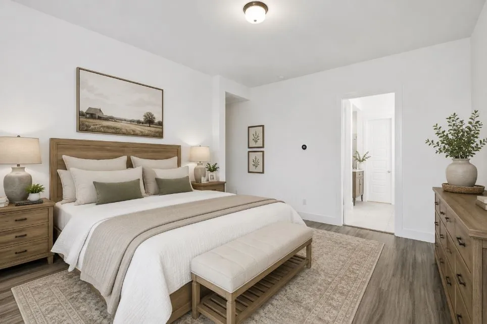 Primary bedroom staged