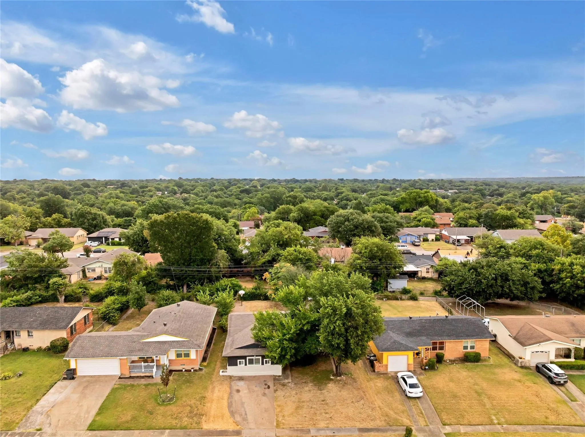 Residential neighborhood featuring single-story homes and mature tree canopy