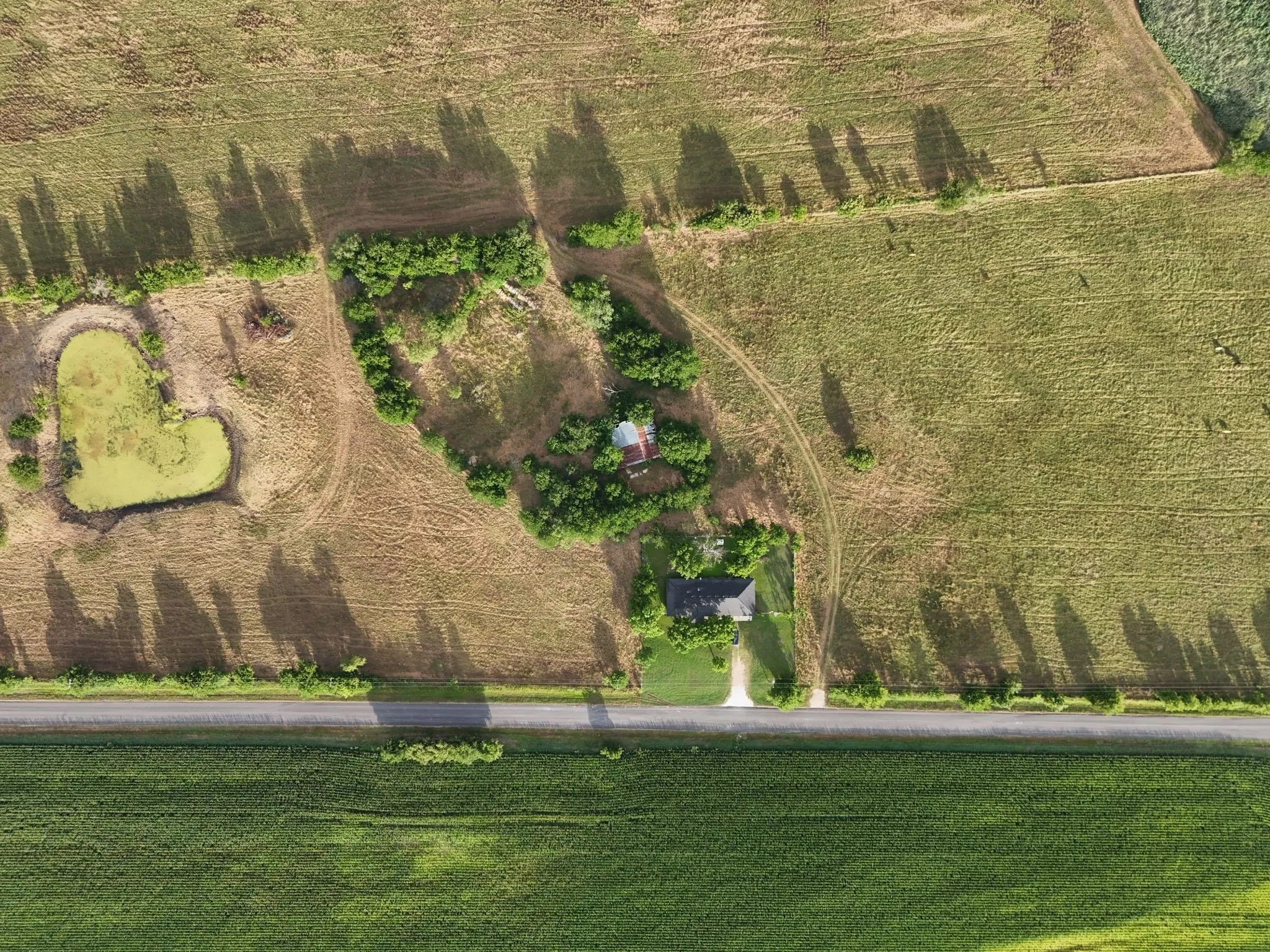Expansive property featuring a single-family home with a dark roof and a gravel driveway