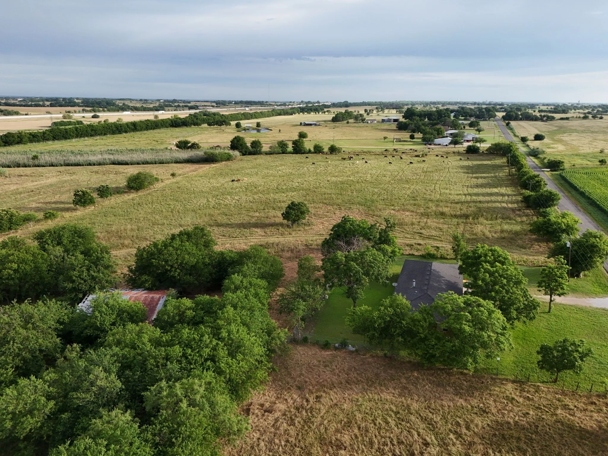 Expansive rural property featuring a single-story residence with a dark roof surrounded by mature trees