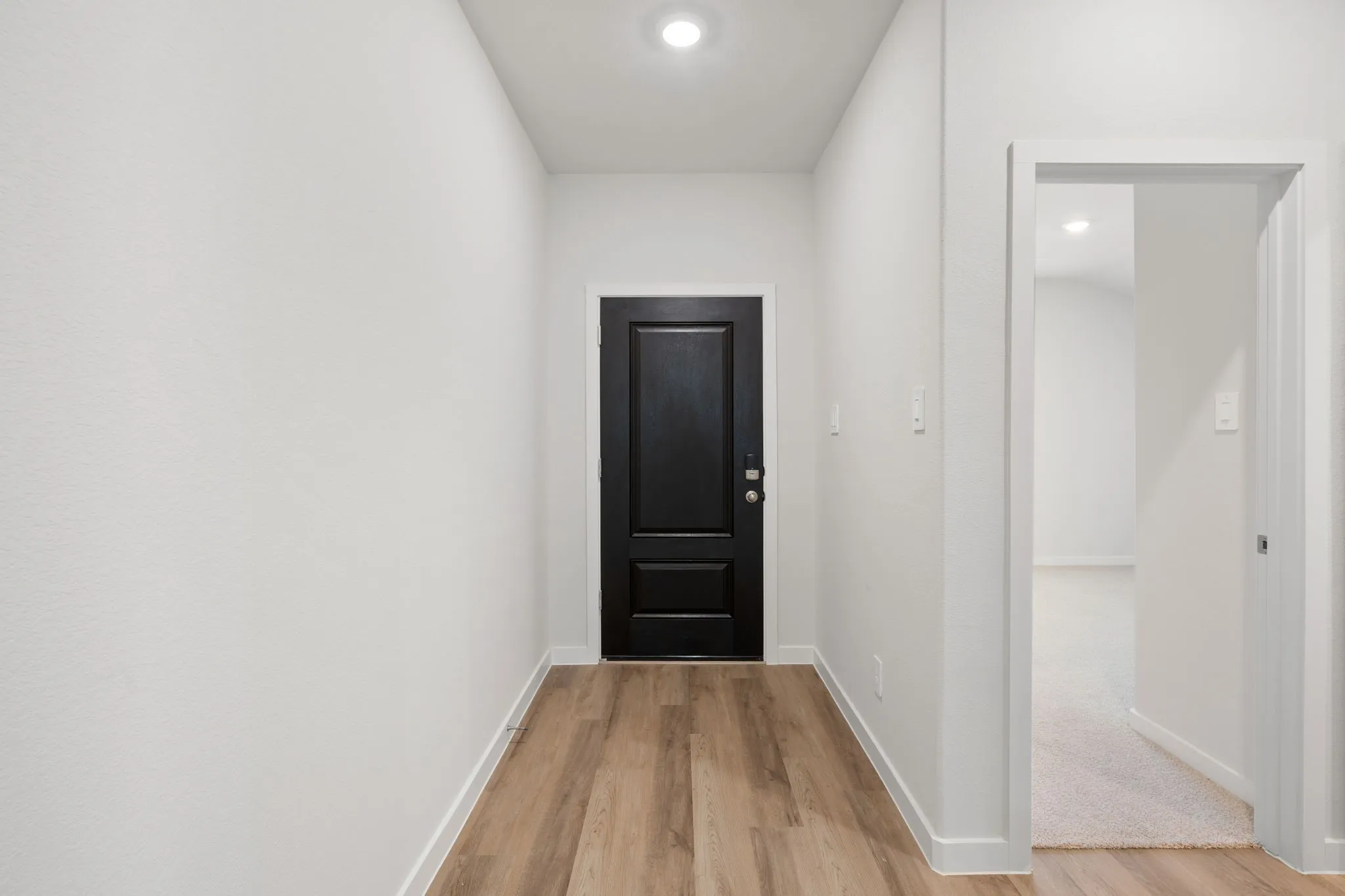 Entryway with wood-finish flooring, white baseboards, and a recessed ceiling light