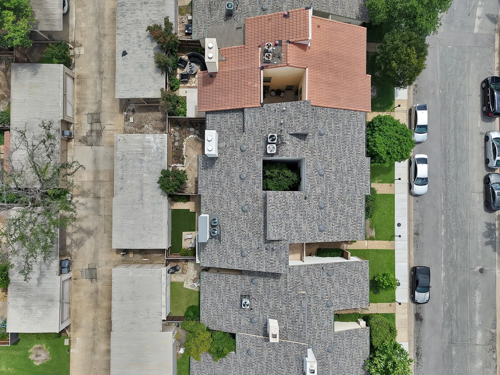 Aerial perspective showcasing textured shingle roofing