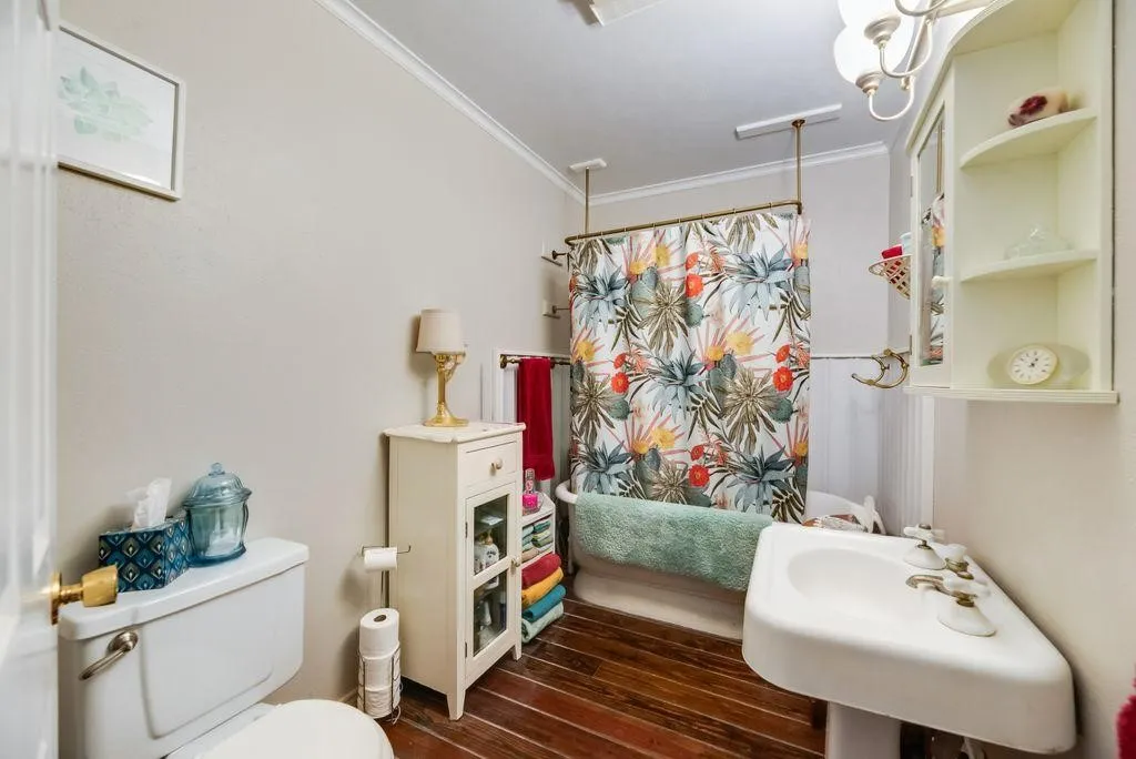 Bathroom featuring wood-finish flooring, a white pedestal sink, and a white toilet