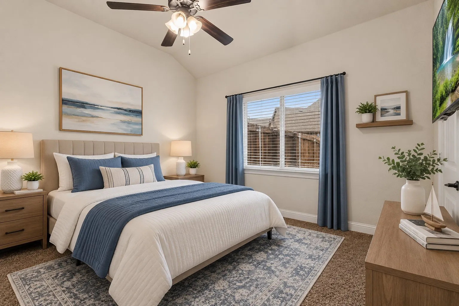 Vaulted ceiling bedroom with a ceiling fan, a window featuring blinds and curtain rods, and carpet flooring