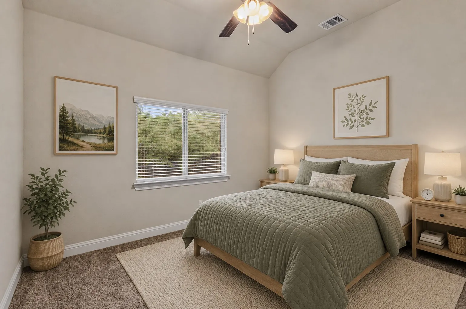 Vaulted ceiling bedroom featuring a ceiling fan with integrated lighting, a window with blinds, and carpet flooring