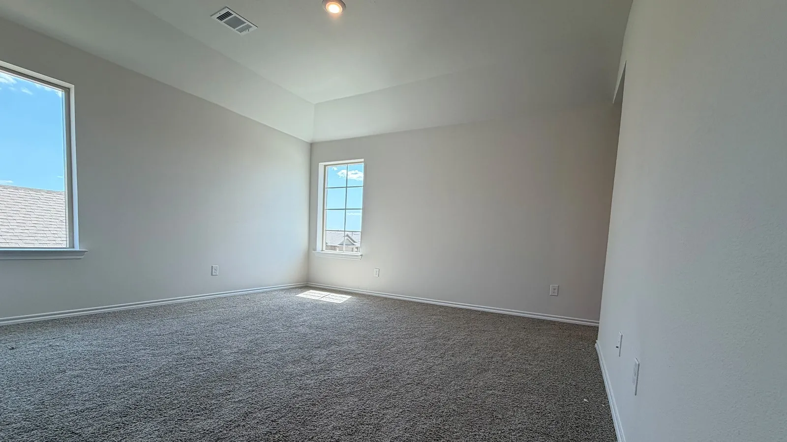 Spacious room featuring neutral carpeting, light-toned walls, and a tray ceiling