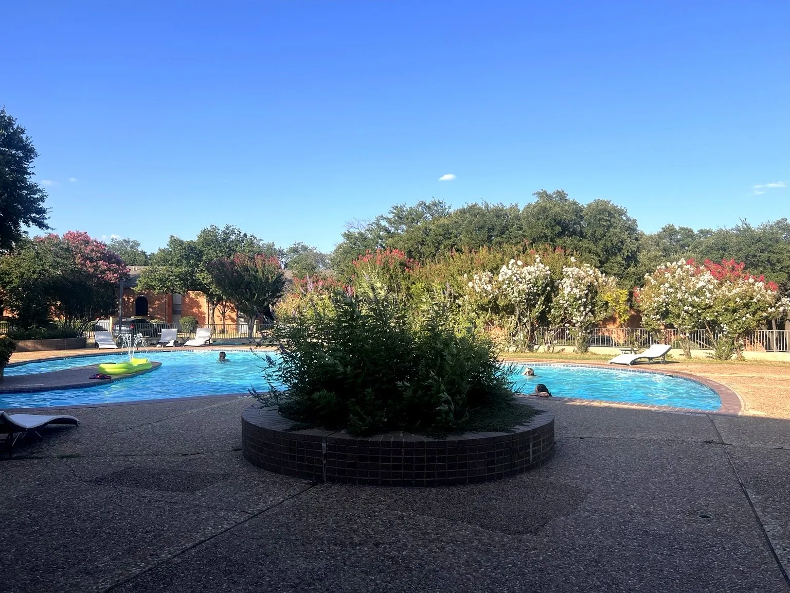 Resort-style pool with a curved design, surrounded by textured concrete decking