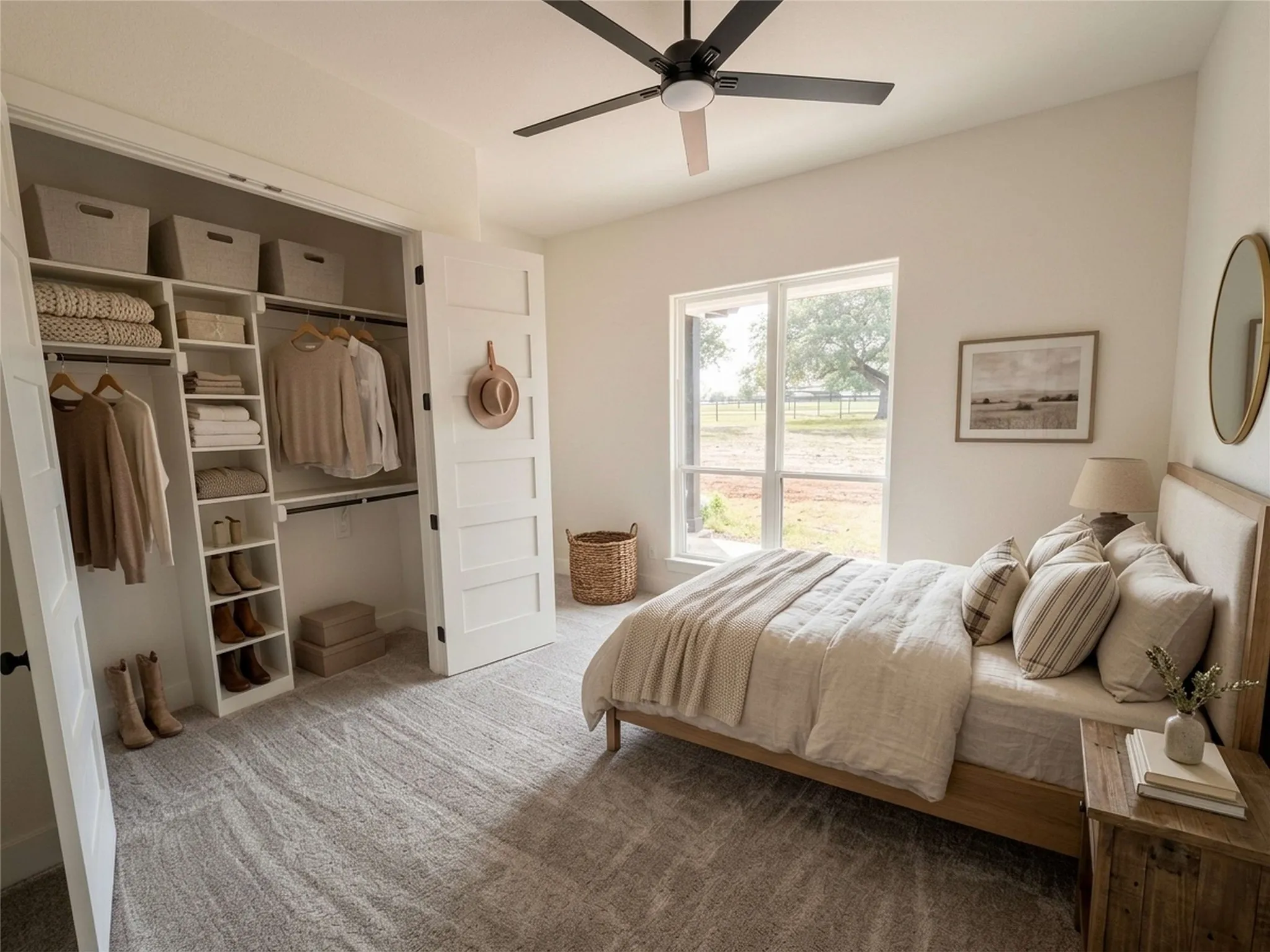 Vaulted ceiling featuring a ceiling fan, large window with outdoor scenery, and a built-in closet system with shelving and hanging rods