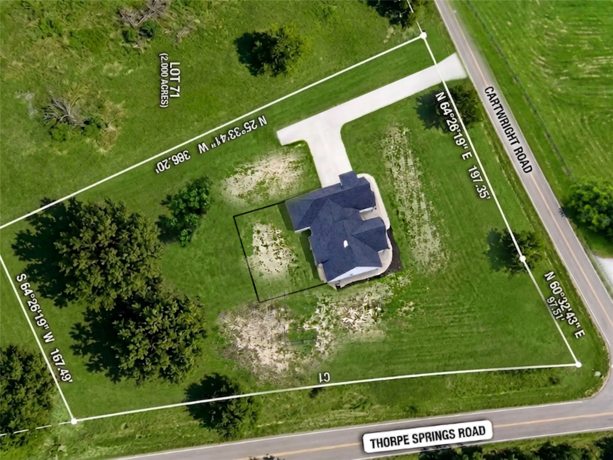 Survey Map. Detailing property boundaries, Lot 71 (2.000 acres), and adjacent road names