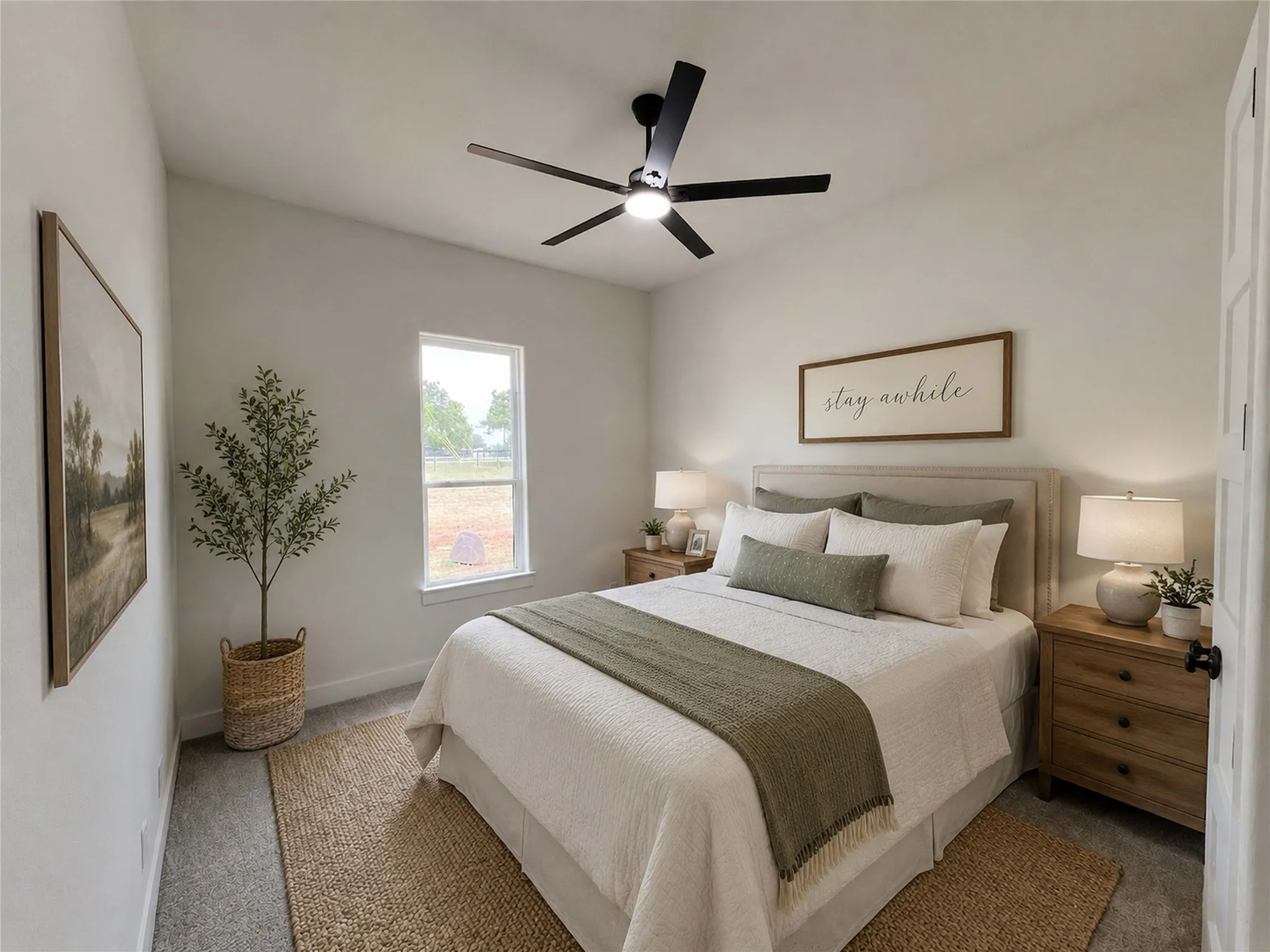 Neutral-toned bedroom featuring an angled ceiling and soft gray carpeting