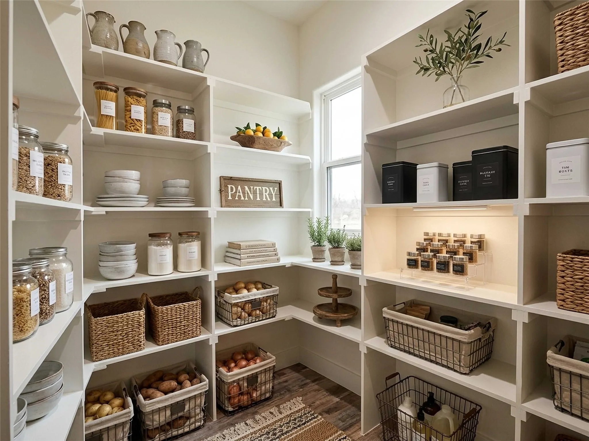 Expansive walk-in pantry featuring abundant built-in shelving, a natural light window, integrated task lighting, and wood-finish flooring