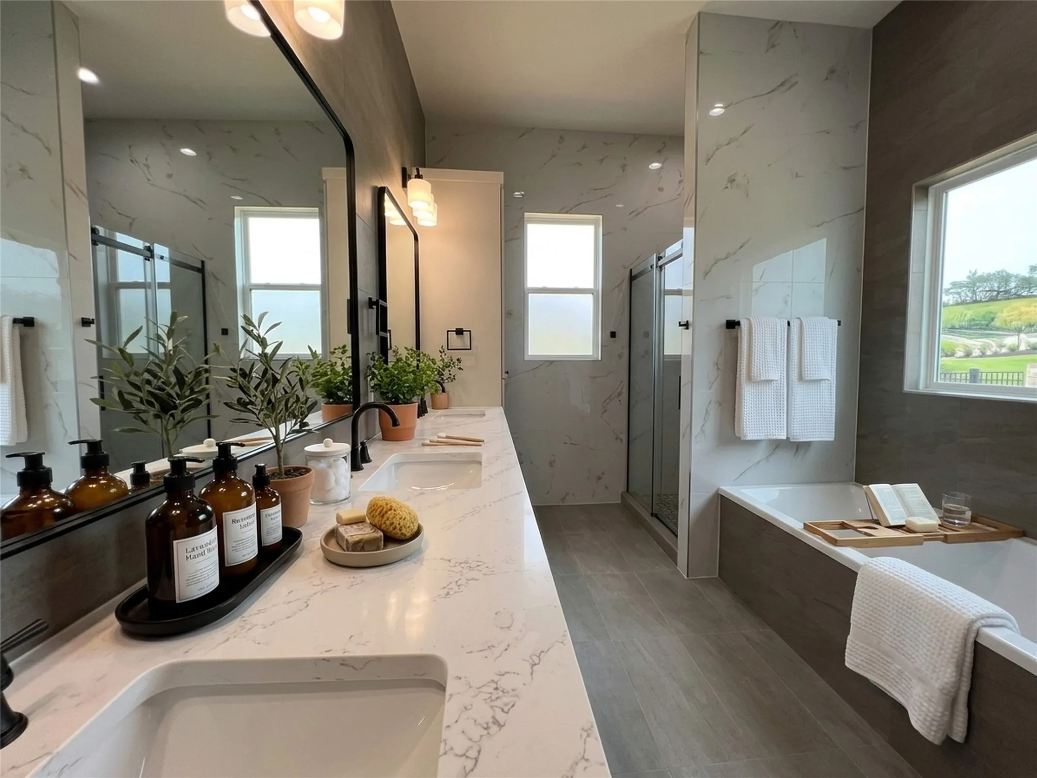 Spacious bathroom featuring a double vanity with quartz countertops, integrated sinks, and matte black fixtures
