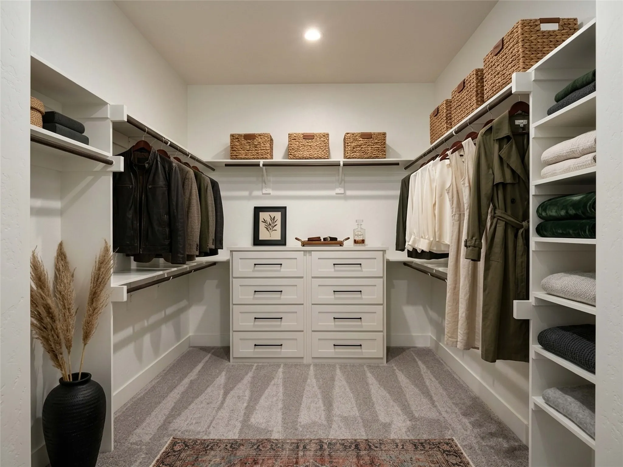 Spacious walk-in closet featuring built-in shelving, multiple hanging rods, and a central dresser unit
