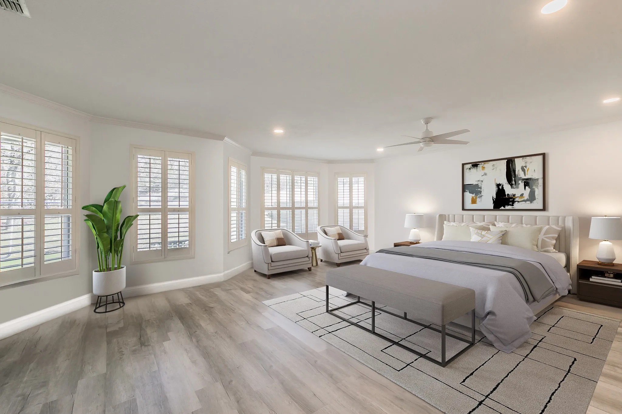 Bedroom with recessed lighting, light wood-style floors, baseboards, and ornamental molding. Virtually staged.