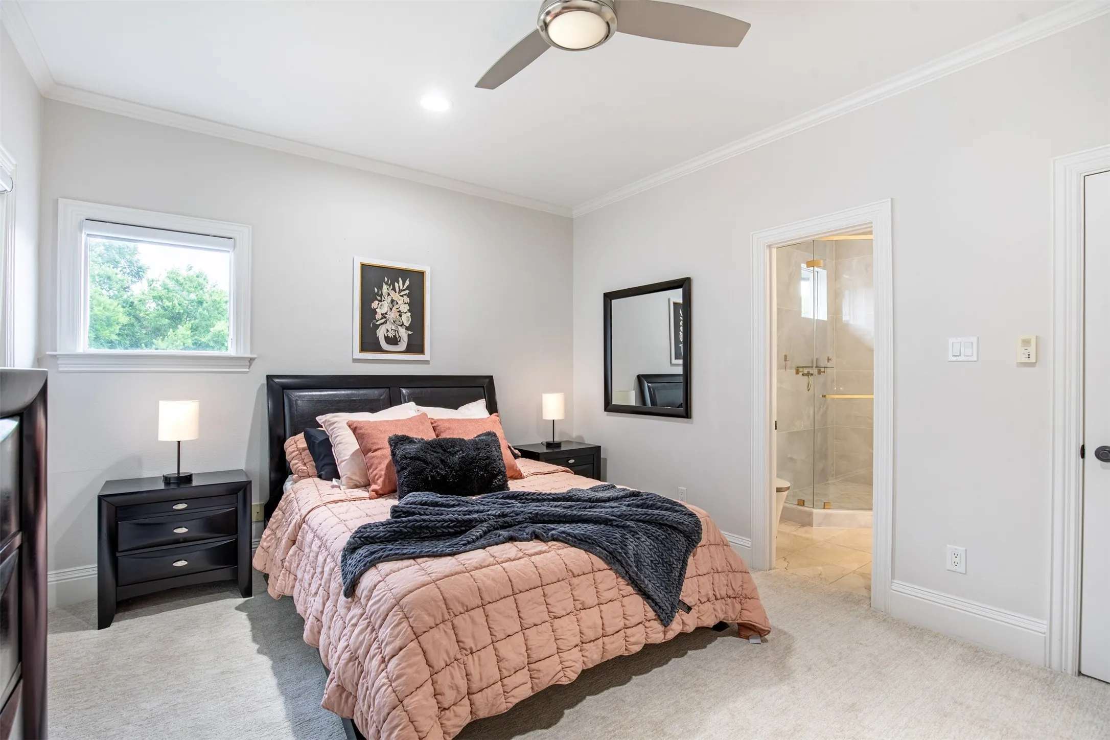 Carpeted bedroom featuring a contemporary ceiling fan, recessed lighting, and a window with white trim