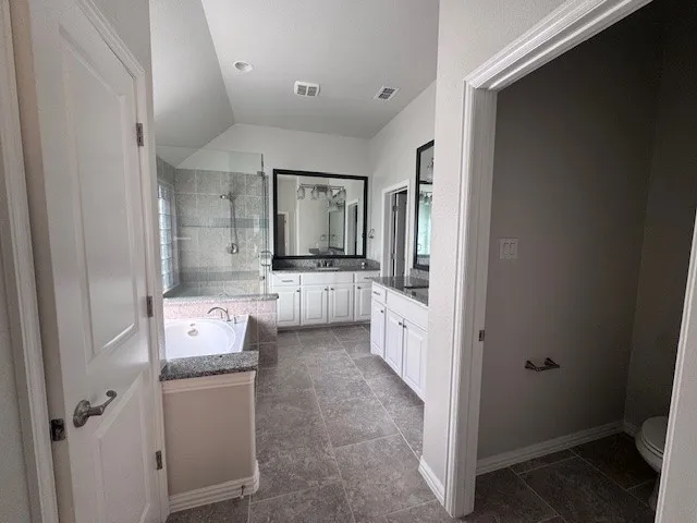 Spa like primary bathroom featuring dual vanities with white cabinetry and dark countertops, a large framed mirror, a built-in soaking tub with a tiled surround, and a separate glass-enclosed shower with tiled walls