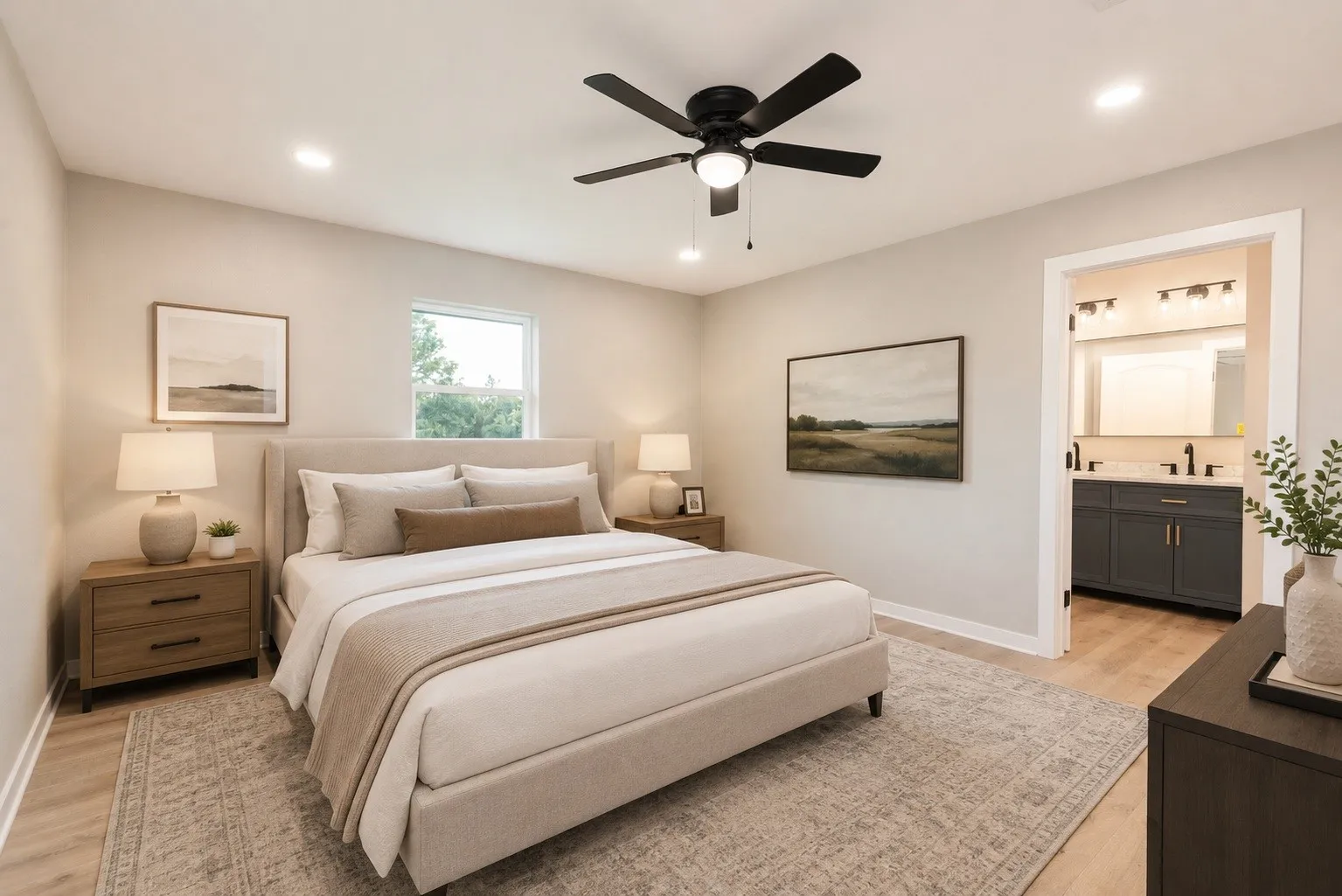 Bedroom featuring a black ceiling fan, recessed lighting, and wood-finish flooring