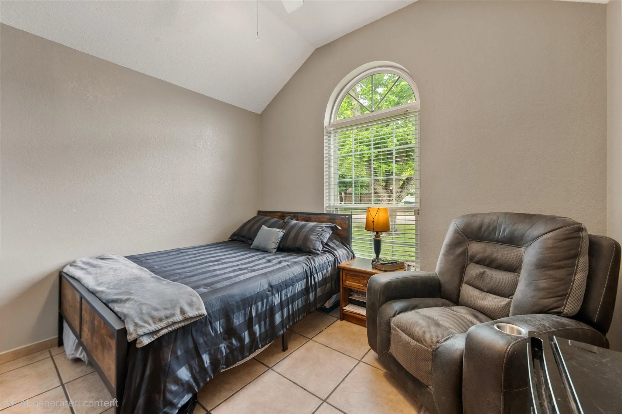Vaulted ceiling room featuring a large arched window, tiled flooring, and a ceiling fan