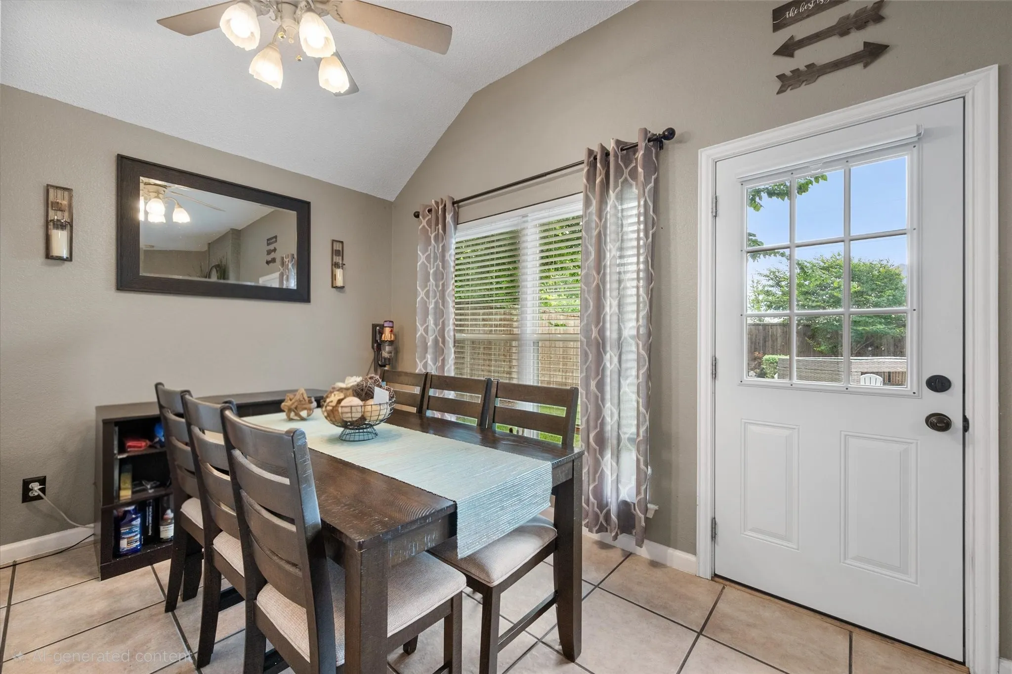 Dining area featuring vaulted ceilings, ceiling fan with light fixture, tile flooring, and a glass-paneled exterior door