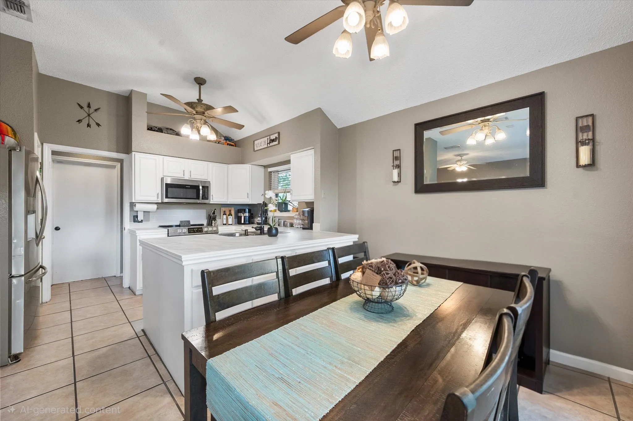 Kitchen and dining area featuring vaulted ceilings, white cabinetry, integrated stainless steel microwave, and an island with seating