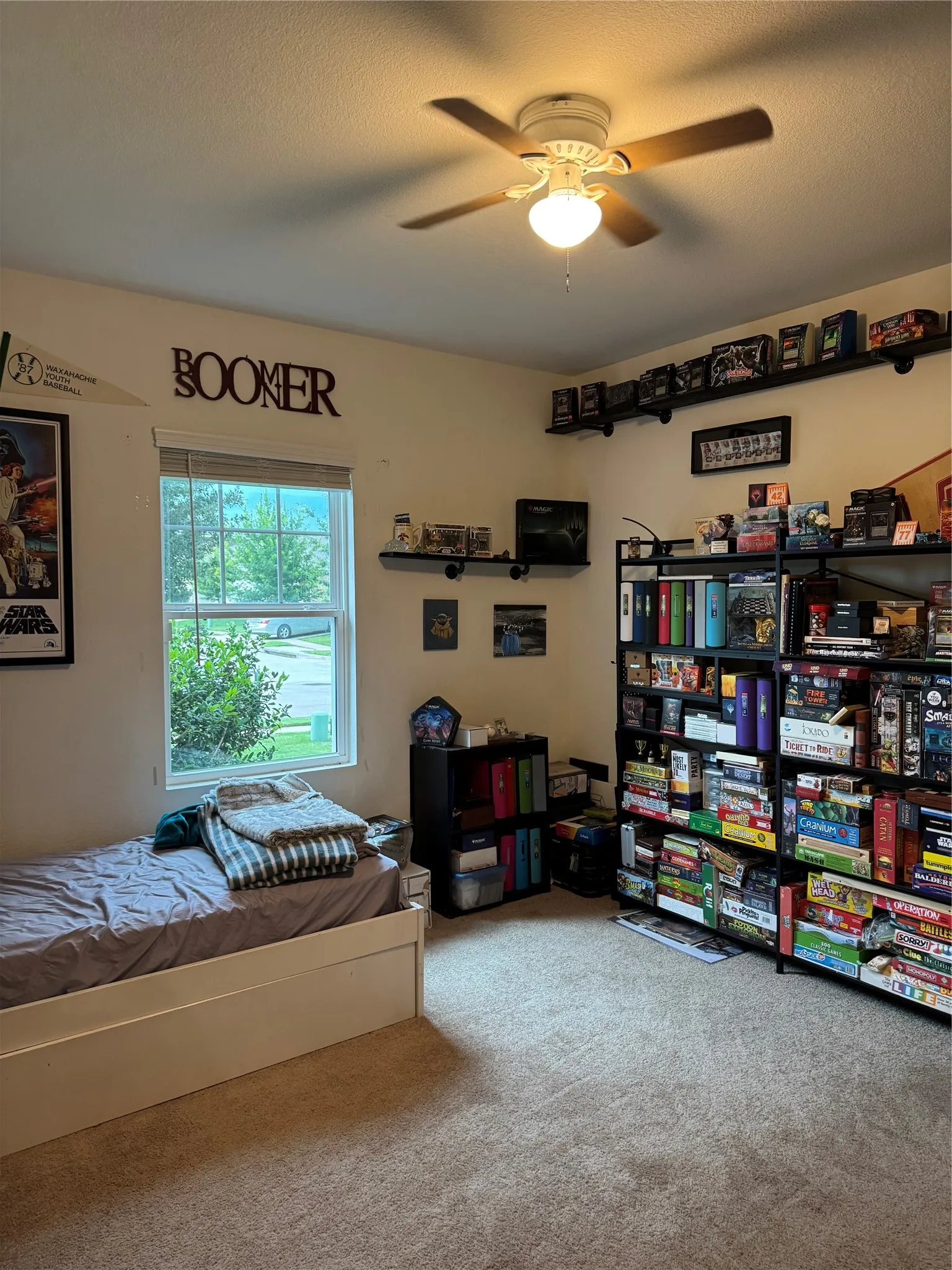 Carpeted room with a ceiling fan light fixture and a window providing natural illumination