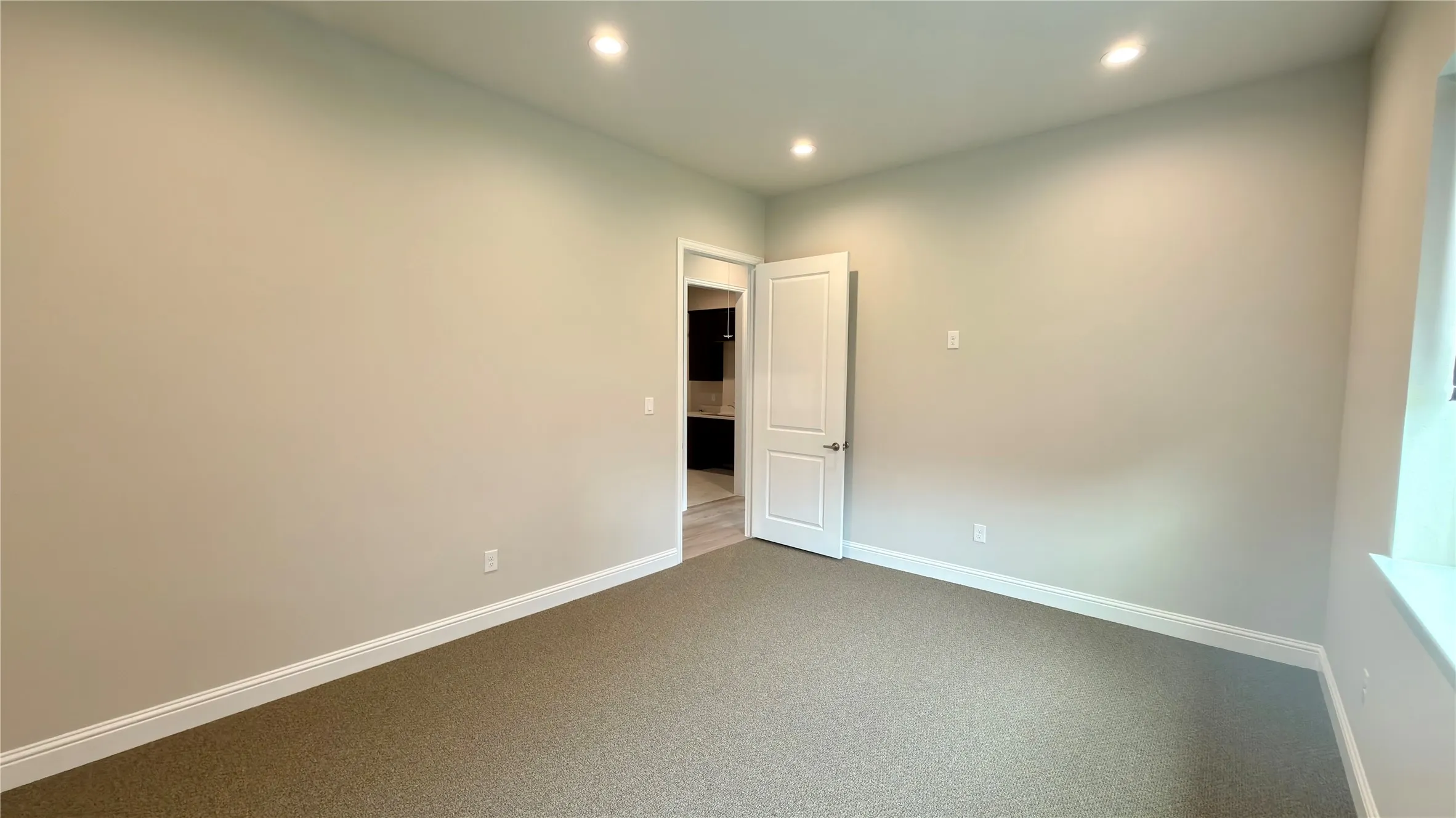 Spacious room featuring neutral carpeting, light-toned wall paint, and white baseboards