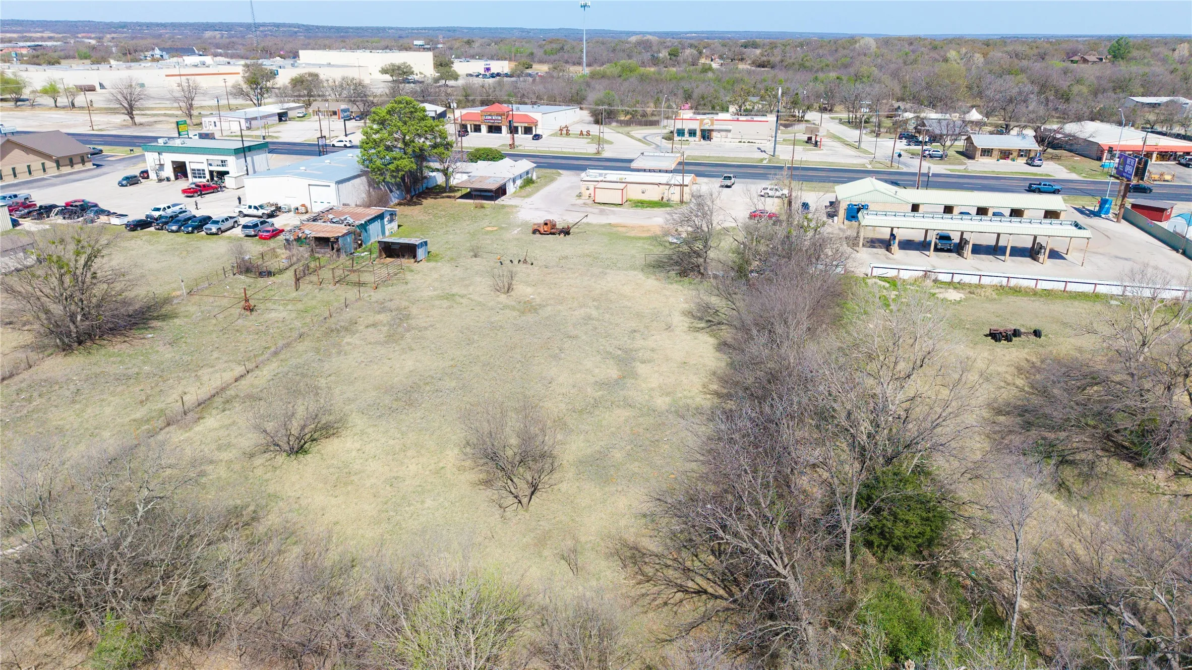 Expansive undeveloped lot featuring a mix of mature and young trees, a partially cleared grassy area, and a flat topography