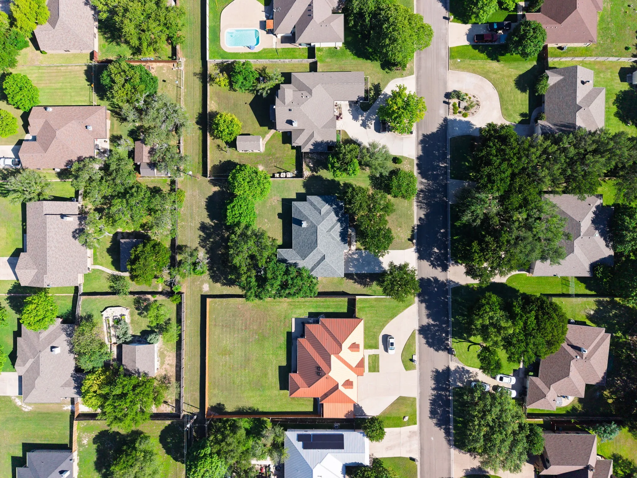 Aerial perspective showcasing a residential neighborhood with diverse architectural styles and mature landscaping