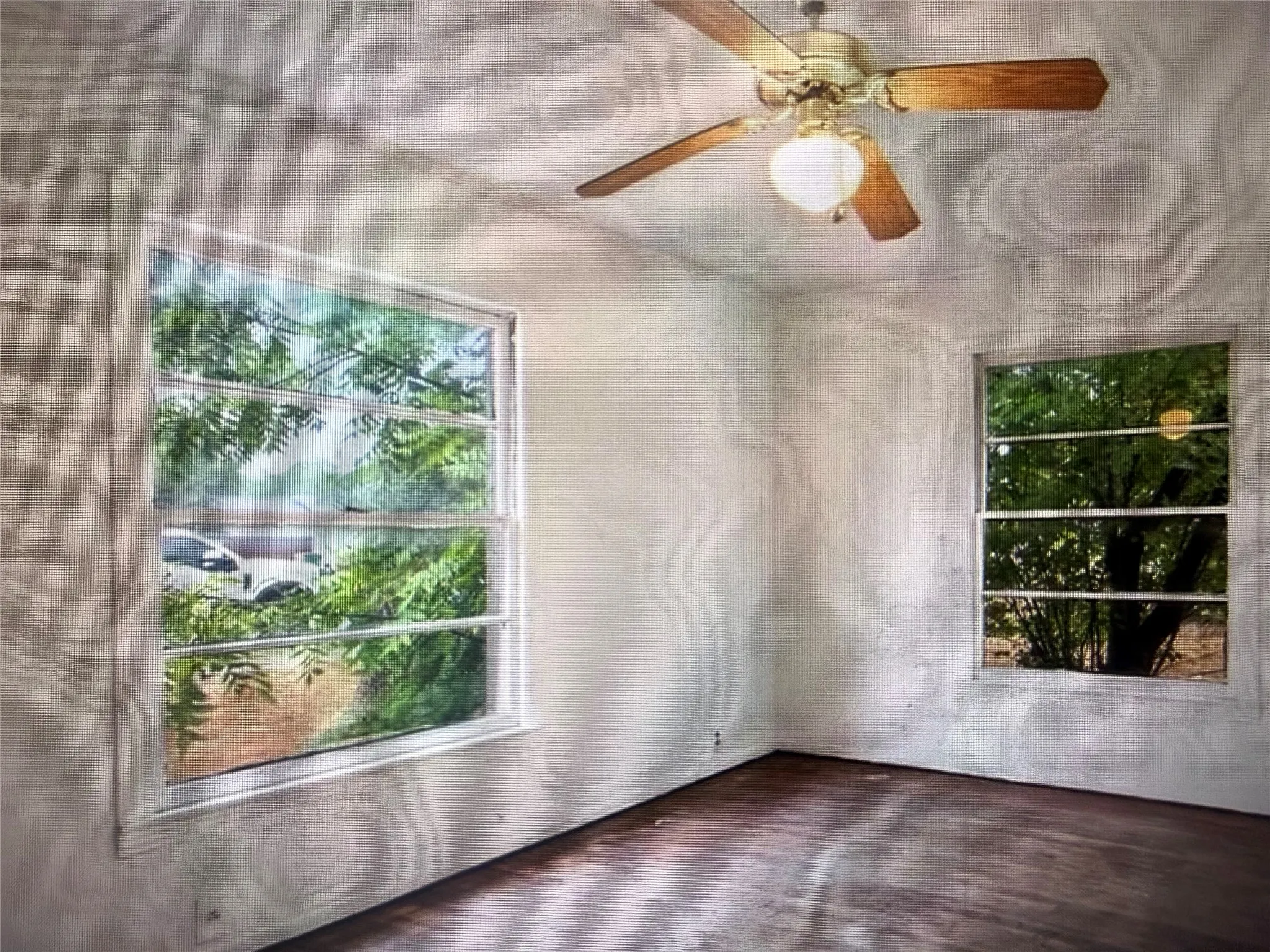 Room featuring two windows, a ceiling fan with light fixture, and wood-finish flooring