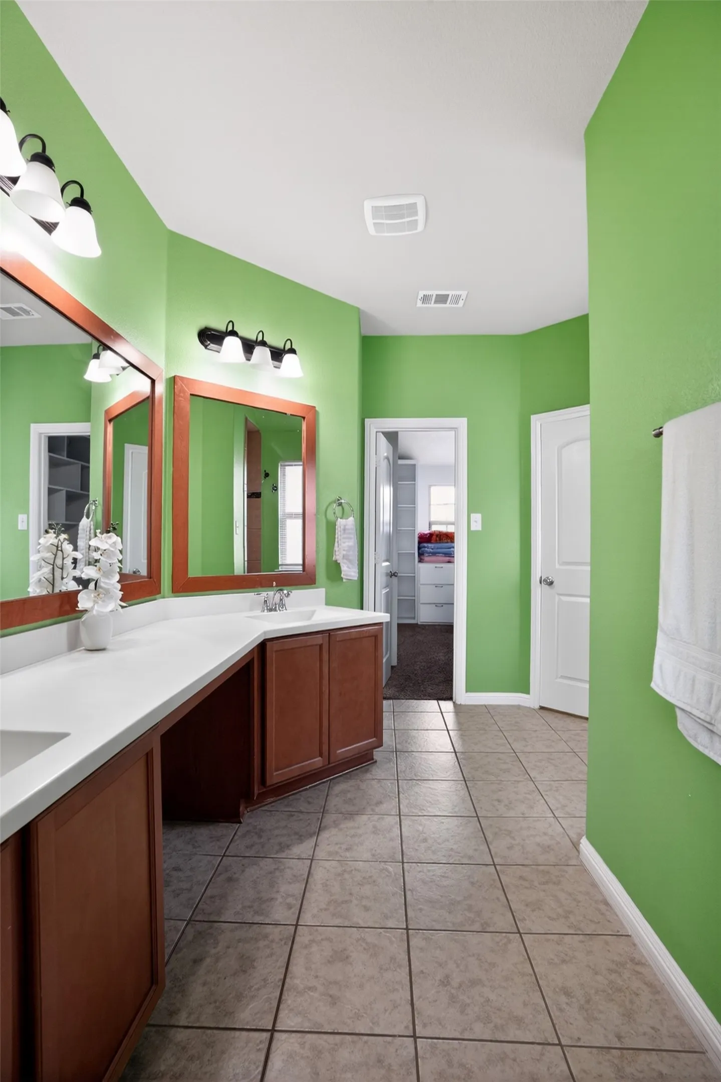 Spacious bathroom featuring an extended vanity with dual sinks, wood-finish cabinetry, and light-toned countertops