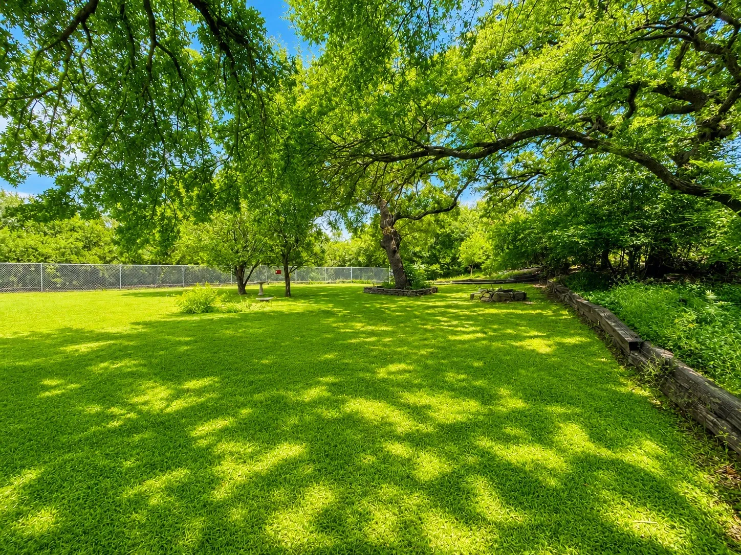 Expansive lawn area featuring abundant mature trees, a retaining wall, and a full perimeter fence