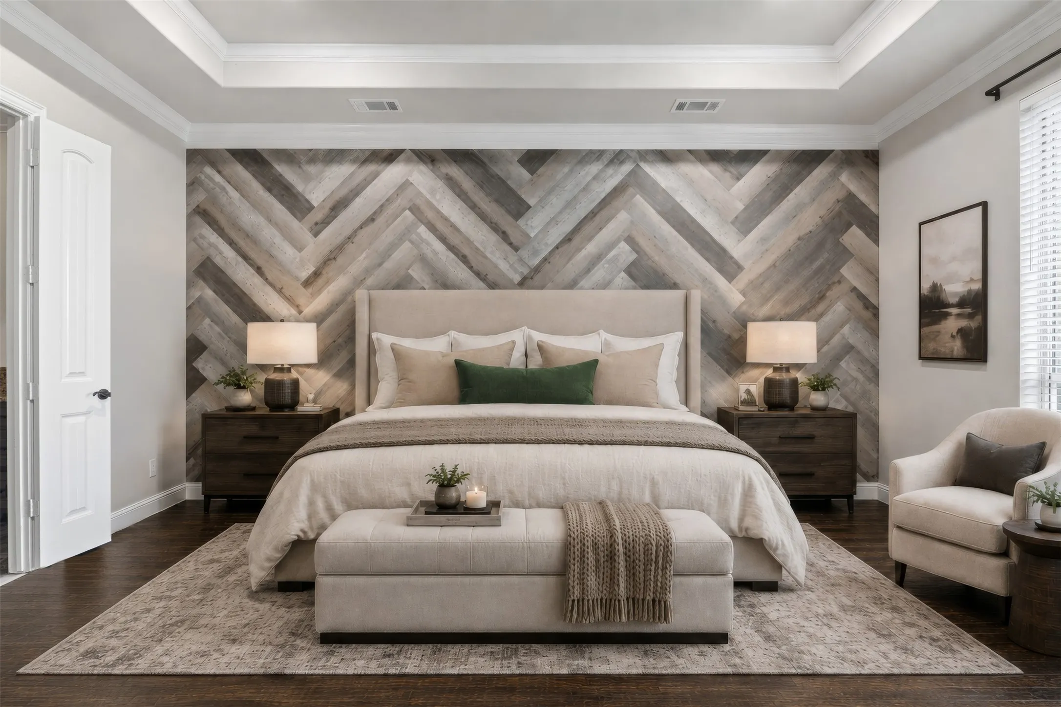 Spacious room featuring a tray ceiling, herringbone wood-finish accent wall, and dark wood-finish flooring