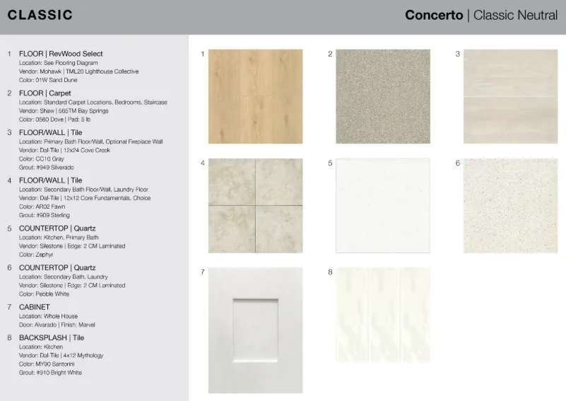 15024 Horseshoe Post Road design selections. Home is currently under construction and selections are subject to change.