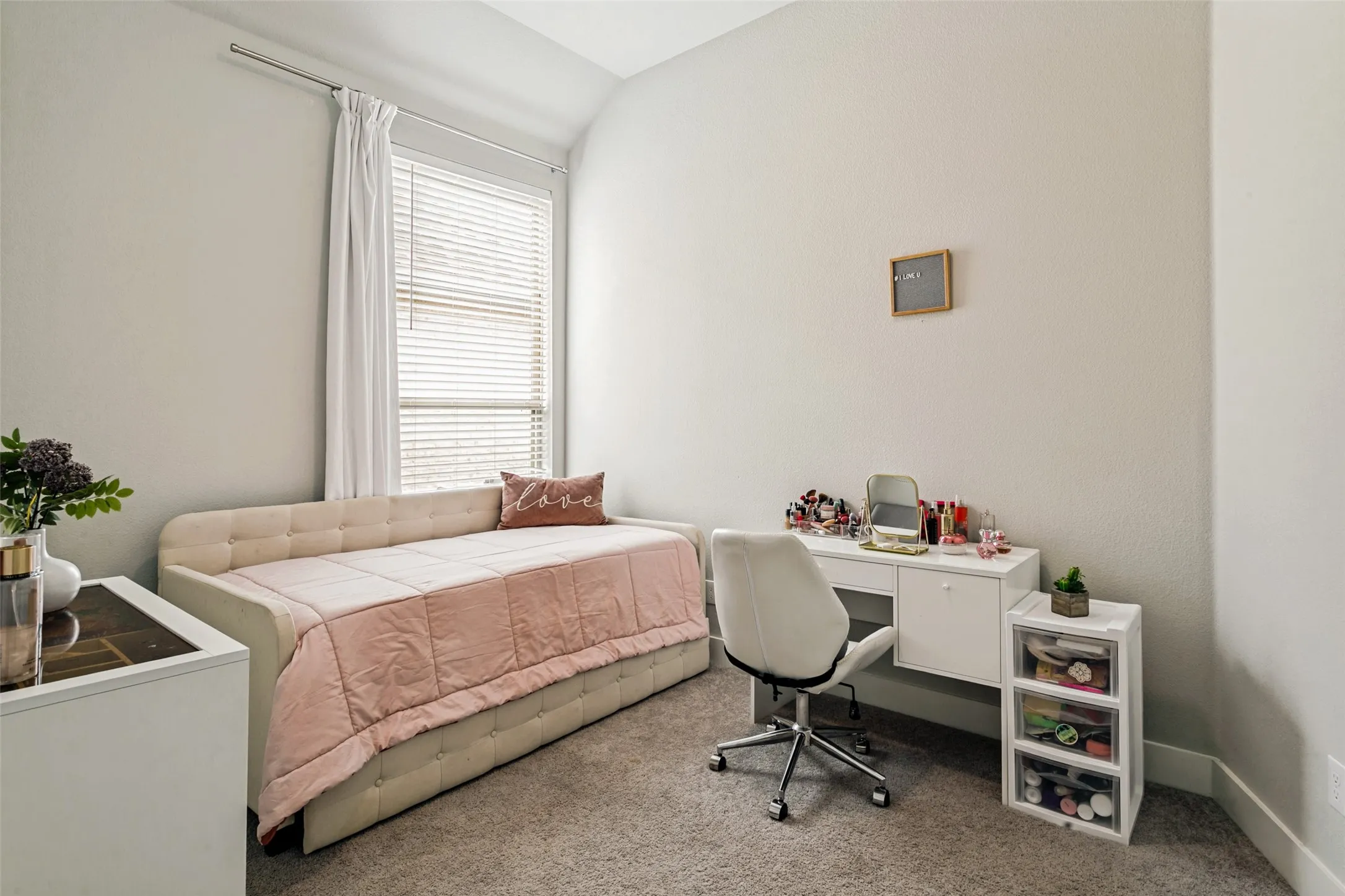 Room featuring light neutral wall paint, carpet flooring, and a window with blinds and white drapes
