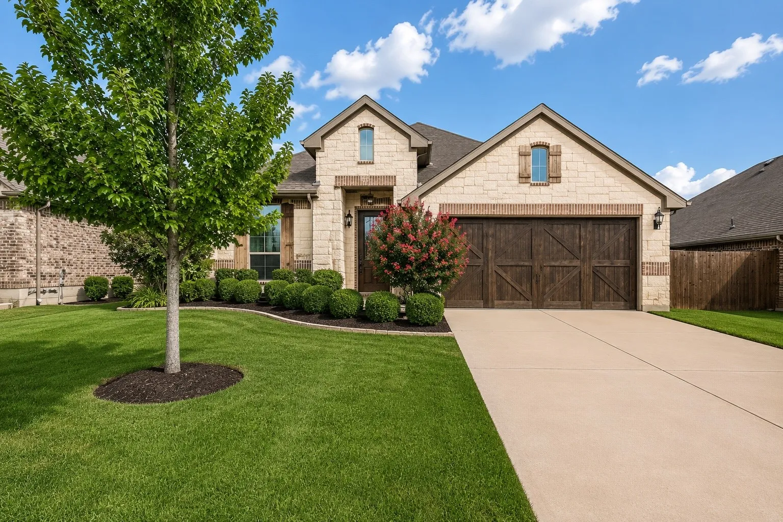 Stone-veneer facade featuring brick accents and an inviting entryway